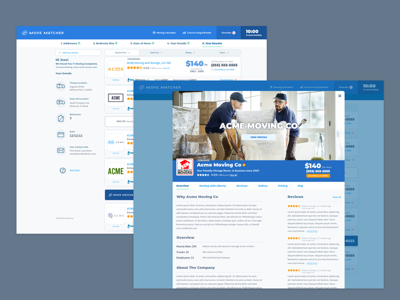 Movematcher Moving Company Overlay modal modal design moving overlay quotes result ui ui design ux design