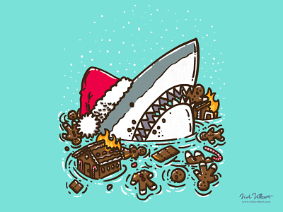 The Gingerbread Destruction Shark christmas fire gingerbread gingerbread house gingerbread man great white holiday house illustration shark xmas