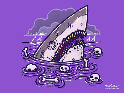 The Nightmare Shark great white shark horror illustration lightning purple scary shark skulls