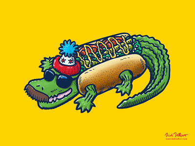 Da Chicago Gator Dog alligator chicago chicago style hot dog gator hot dog illustration mustache stocking cap sunglasses