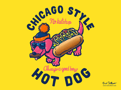 Da Chicago Dog with Text art chicago dachshund hot dog illustration mustache stocking cap sunglasses wiener dog windy city