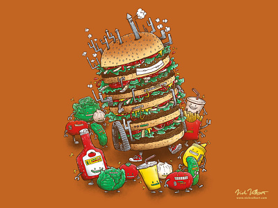Uber BurgerBot burger cheeseburger grilling hamburger illustration ketchup pen and ink summer summertime
