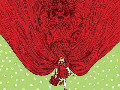 Going To Grandmother's House big bad wolf cape fairy tales green illustration little red riding hood red