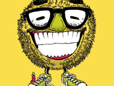 Mr Grin ball black rimmed eye browns furry glasses hairy hat monster smile sneakers teeth threadless worm