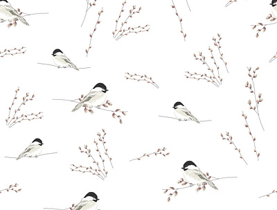 Cute little tit birds on the willow artistic birds cute delicate digital art doodles easter floral hand draw illustration painting pattern print seamless spring surface tit tree willow winter