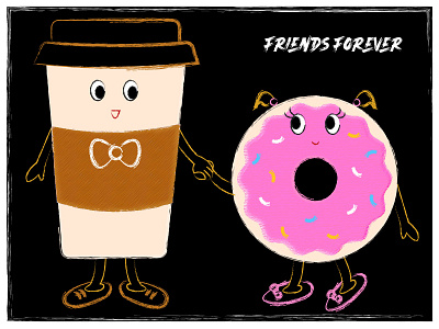Cute Friendship Poster art black brown coffee doughnut friendship illustration art illustrator pink poster strokes texture wallpapers
