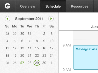 Groupon Scheduler app calendar dark design menu nav scheduler ui
