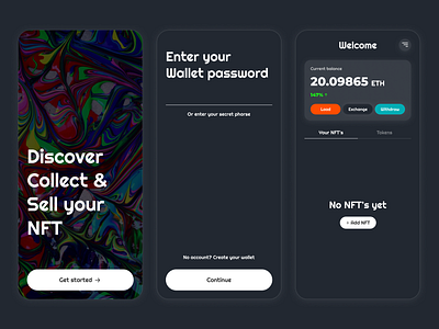 NFT wallet Login and Homepage add nft buttons crypto eth login nft password ui wallet