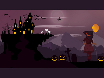 Halloween illustration 万圣节 南瓜 城堡 夜晚 女孩 山 气球 紫色