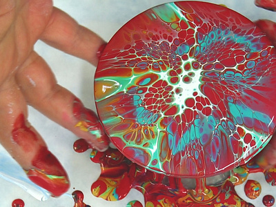 Blooming ~ Acrylic pouring on round MDF coasters ~ Red pillow an