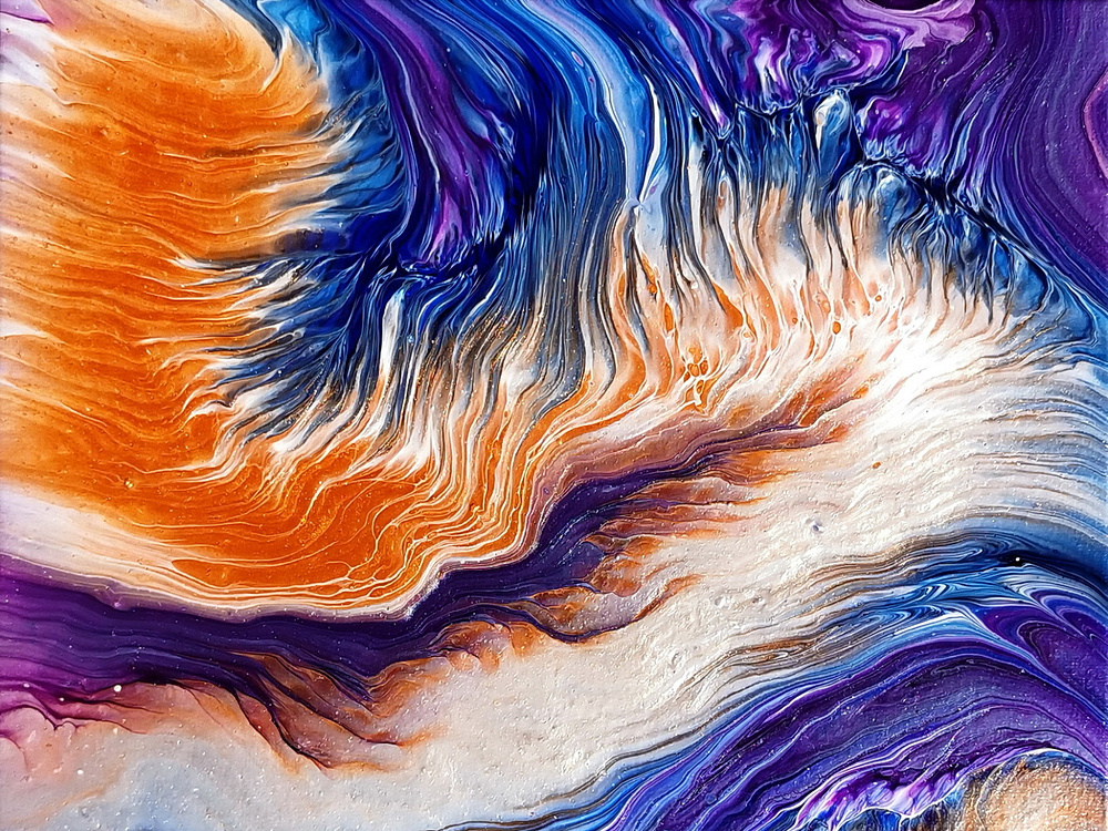 acrylic painting with wind-effect in purple, blue, white, orange and black