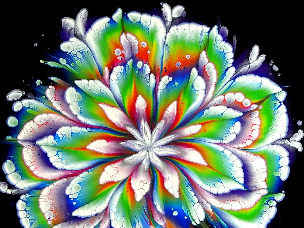 acrylic painting with big flower-effect in white, green, red, orange, blue and black