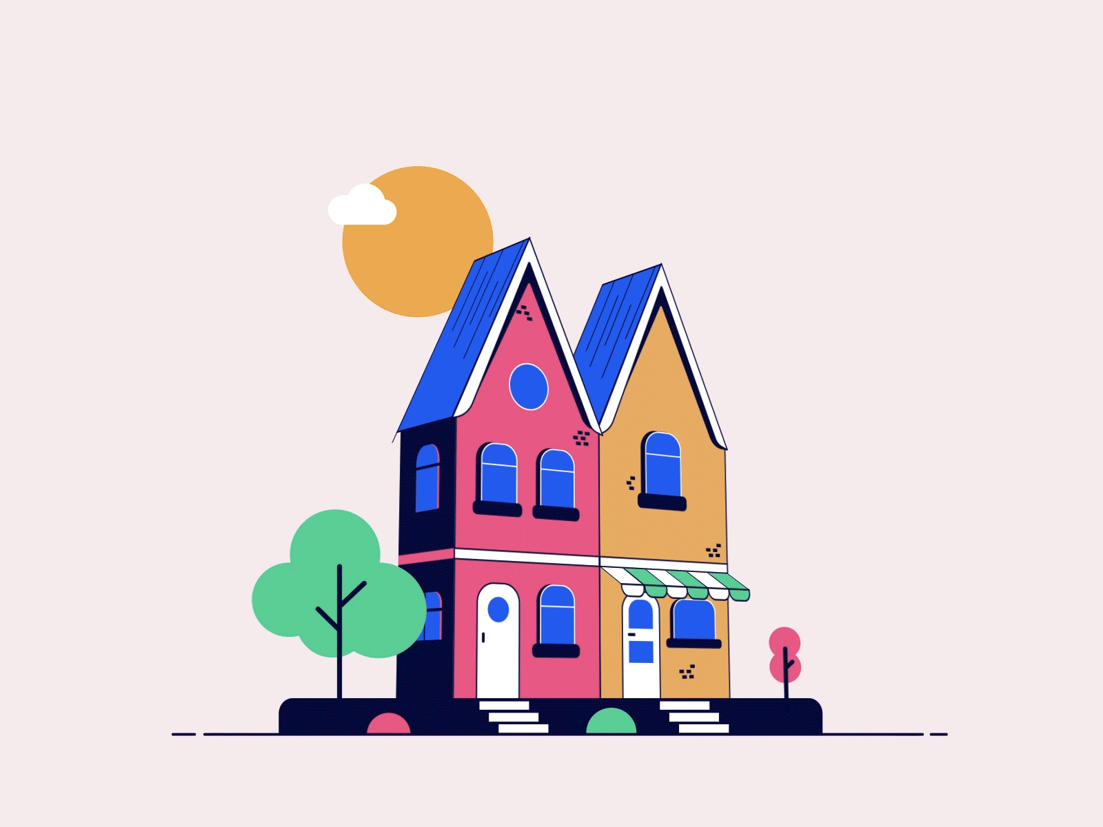 🏠🏠 2d animation 3d aftereffects animated gif animation animator branding building city design fake fake 3d house illustration logo motion design motion graphics path sun tree