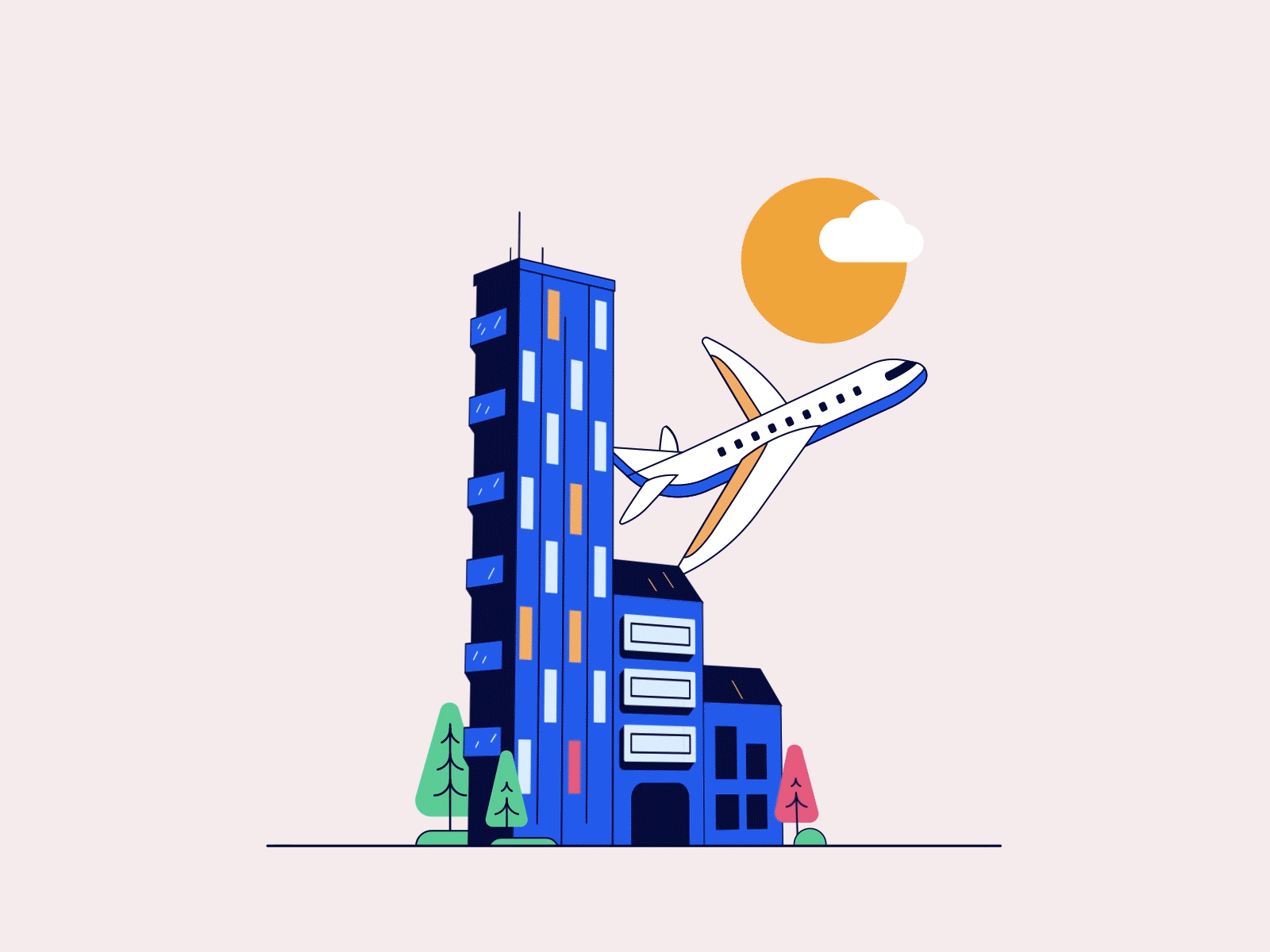 🏬 2d animation 3d aftereffects airplane animated gif animation building city design illustration logo lottie animation motion design motion graphics path sun town tree