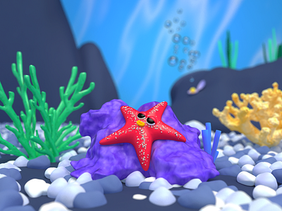 StarFish 3d 3d illustration animation beach blender cartoon character character design cinema4d coral cute design illustration lowpoly path rock sea seafish seashell starfish
