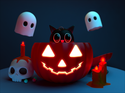 Happy Halloween🎃 3d 3d illustration candle cat cinema 4d cute design fun ghost halloween illustration low poly party path pumpkin skull