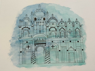 Cathedral architecture doodling drawing illustration micro pen watercolor