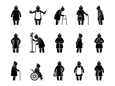 Grandmother stick figure icons character design elderly figure flat grandma grandmother icon illustration lady old people person senior stick stick figure stickman style vector woman