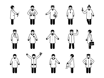 Doctor stick figure icons character design doctor figure flat graphic healthcare icon illustration man medic people person physician pictogram stick stick figure stickman therapist vector