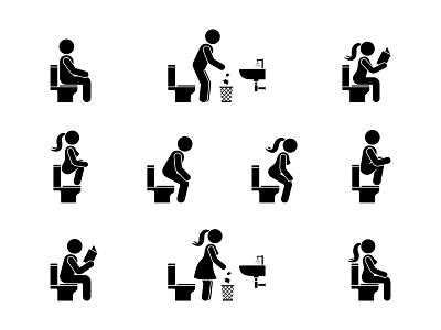 Stick figure people spend time on the toilet bathroom character design figure icon illustration man people person pictogram restroom sit squat stick stick figure stickman toilet vector wc woman
