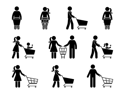 Stick figure man and woman with shopping cart cart character figure icon illustration man people person pictogram shop shopper silhouette stick stick figure stickman supermarket trolley vector woman