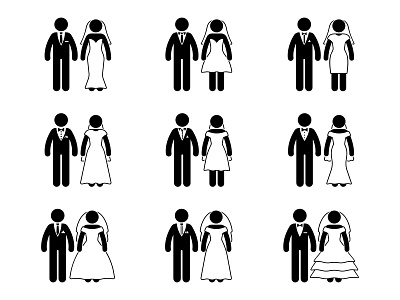 Stick figure groom and bride icons