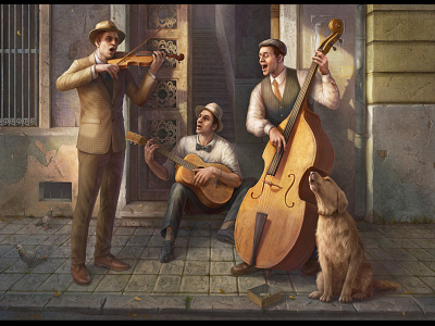 Three gentlemans and the dog character characters digital illustration digital painting figures illustration musician realism