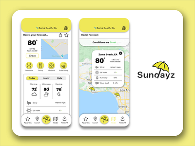 Sundayz Weather App app beach location branding homepage illustration illustrator logo mockup design radar uidesign ux design uxdesign uxui vector icons weather app