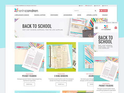 Back to School Landing Page accessories back bright crisp grid lookbook playful product responsive school stationery