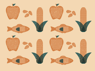 Food Pattern almonds apple corn fish food icons illustration line texture