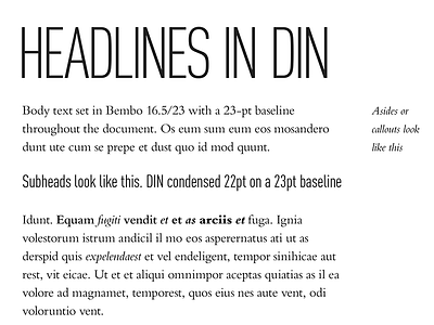 Experimenting with type styles for an ebook baseline bembo canon classical din condensed old school page layout typography