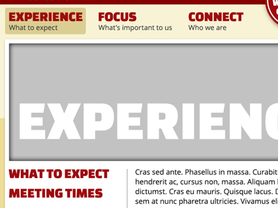 "Experience" - church website subpage work-in-progress changa one church experience gold red sans tan website