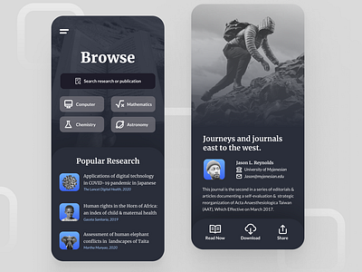 Reading Journal & Publication App in Dark Mode academic bachelor college daily ui dark app dark mode dark ui degree design graphic design illustration journal publication reading reading book student ui university ux web