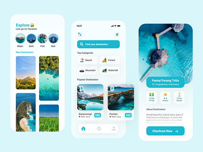 Travel & Vacation app in Glassmorphism app beach blue clean ecplore forest glassmorphism minimalist mountain simple sunday travel ui vacation vacations