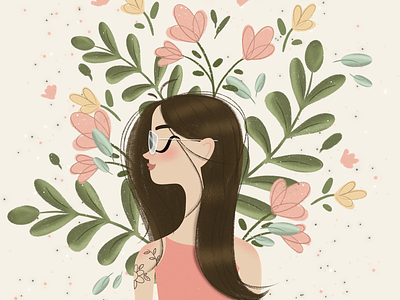 In the lap of nature autumn brunette cute floral girlie glasses illustration pastel pink ponytail profile tattoos