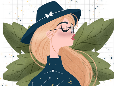 Starry Girl blonde blue fedora hat leaves nerdglasses stars sweater