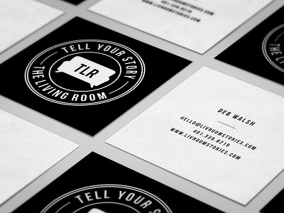 The Living Room Square Cards and black and white branding business cards identity ink paper