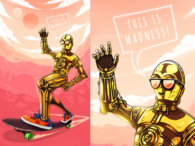 C3PO Shredding on Tatooine! c3po cool force planets r2d2 retro robot saber skate space star sunglasses surfing wars