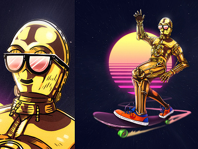 C-3PO Shredding the stars! cool force planets retro robot saber skate space star sunglasses surfing wars