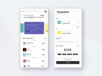 Mobile Banking App bank banking app colors daily daily ui dailyui 002 design material minimal shapes share texture transfer ui