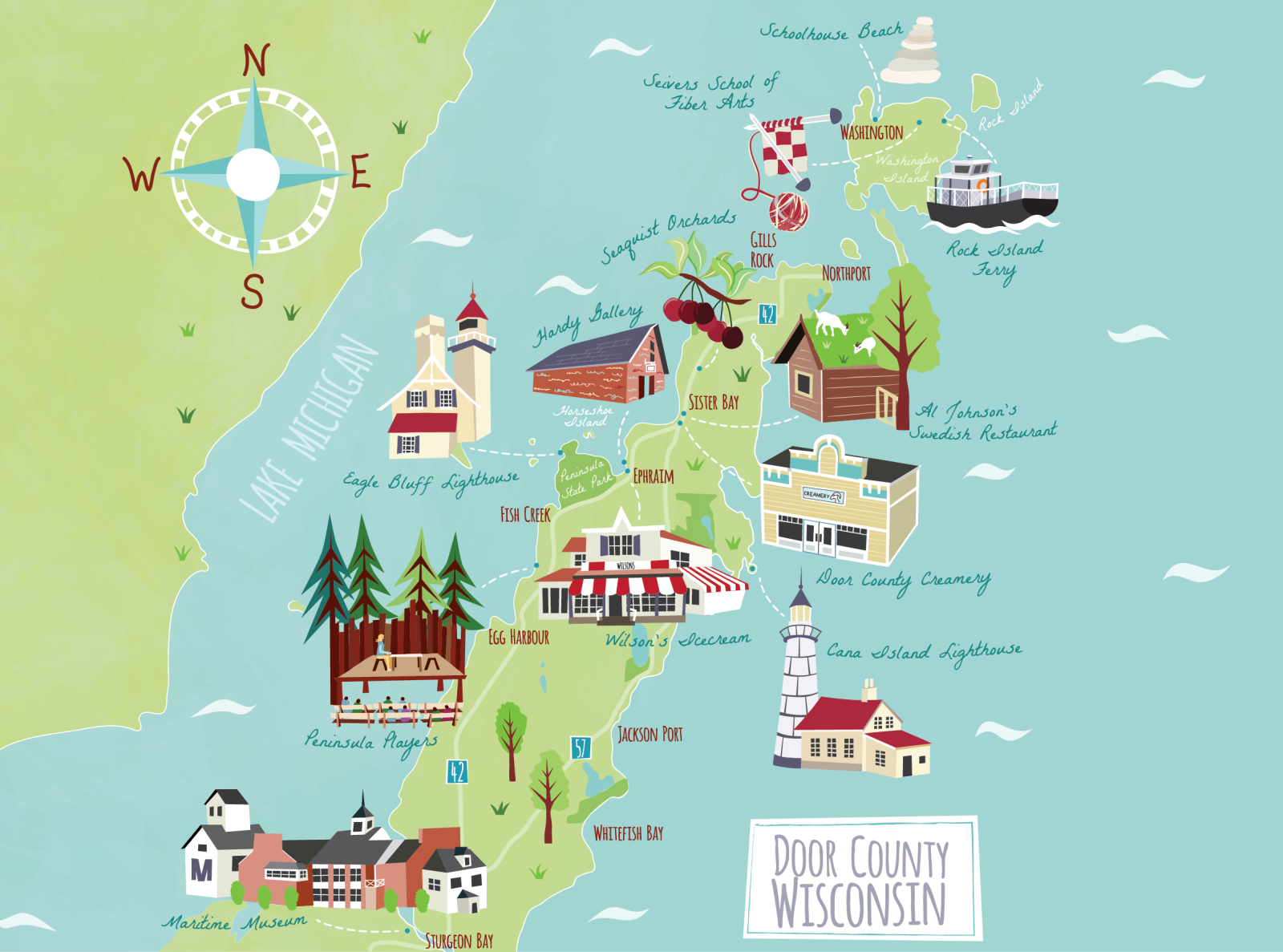 Door County Map for Lands End Clothing by Bek Cruddace on Dribbble