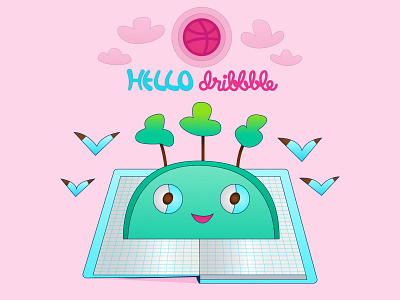Hello Dribbble character clouds earth first shot flat hello dribbble illustration minimal note sun trees vector