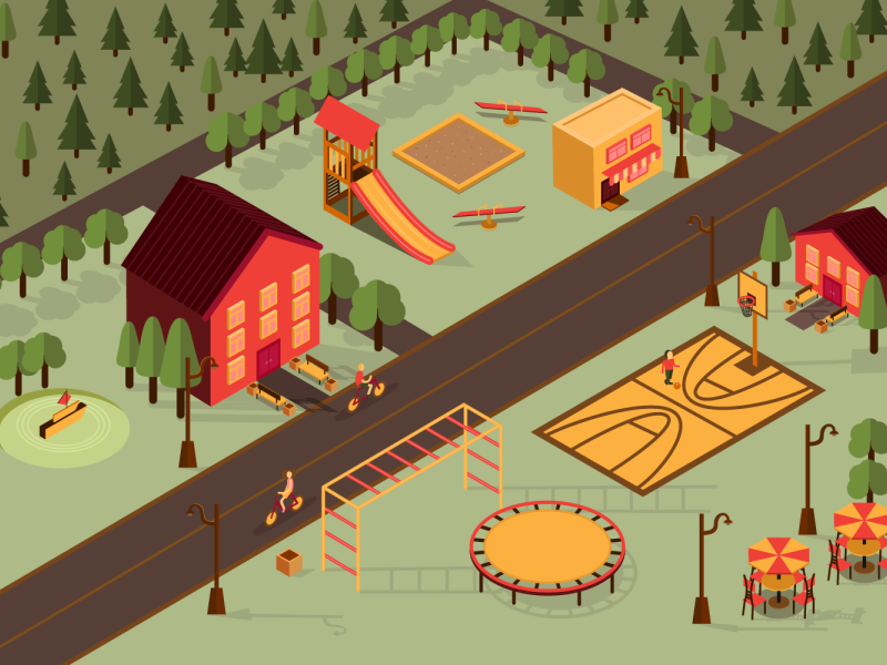 Children's camp camp forest houses illustration isometric isometry kids park playground street vector village
