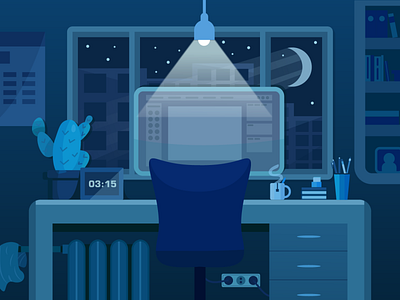 Night work cabinet city desktop flat illustration night office vector window work workplace workspace