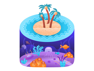 Island aquarium beach corals fish flat gradient illustration island jellyfish ocean palms sand sea underwater vector waves