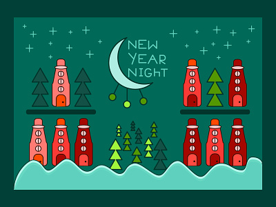 New year night balls bottle card cartoon christmas tree flat forest funny happy new year houses illustration moon night outline snow stars vector winter