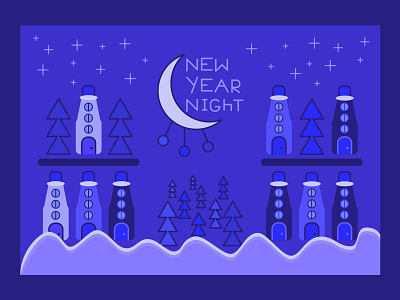 New year night V2 balls bottle card cartoon christmas tree flat forest funny happy new year houses illustration moon night outline snow stars vector winter