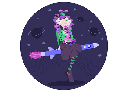 Madam Butterfly beautiful cartoon cat character fashion flat funny girl illustration orbit planets rocket space stars vector witch woman