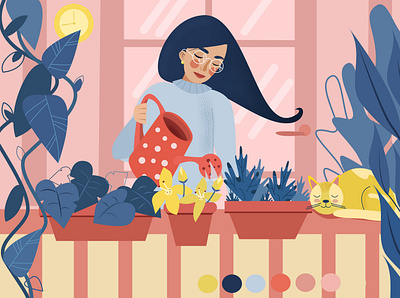 girl with a watering can cozy girl illustration illustration ux