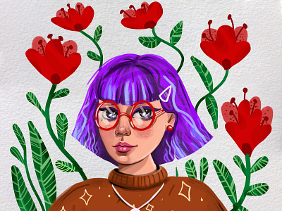 Violet girl art flowers girl illustraion violethair
